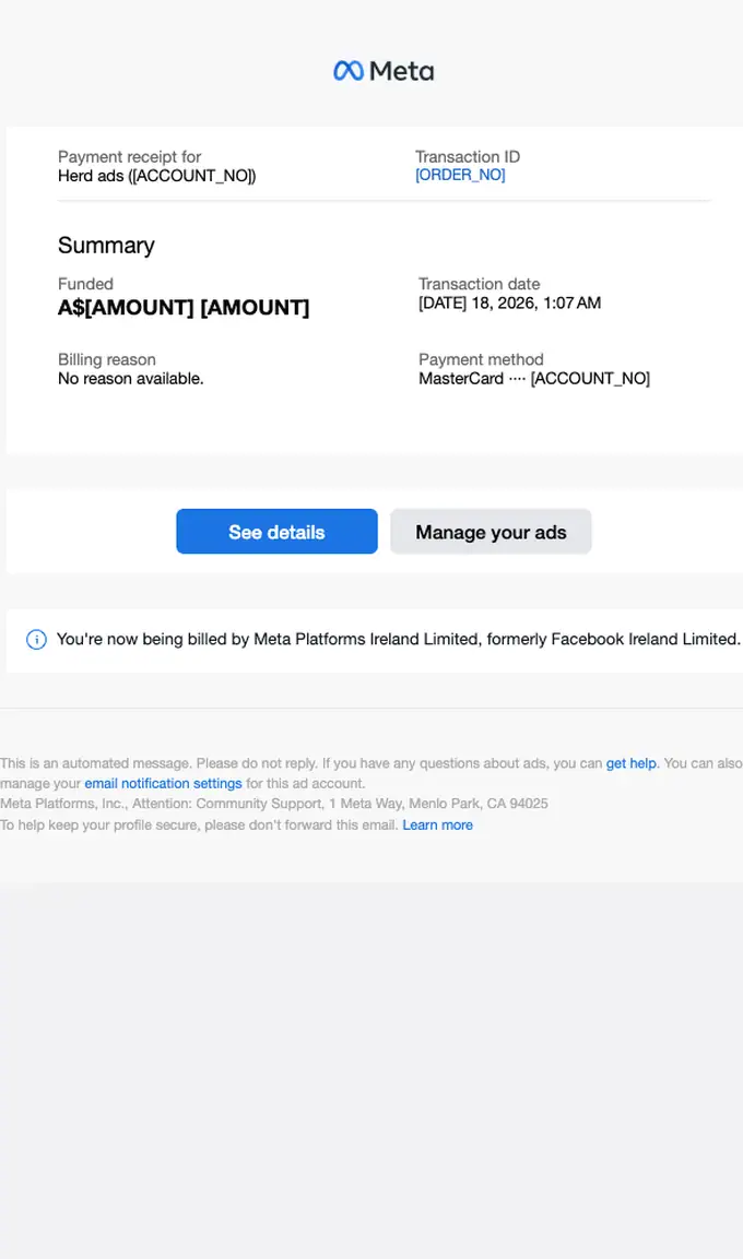 Meta for Business receipt email, full length