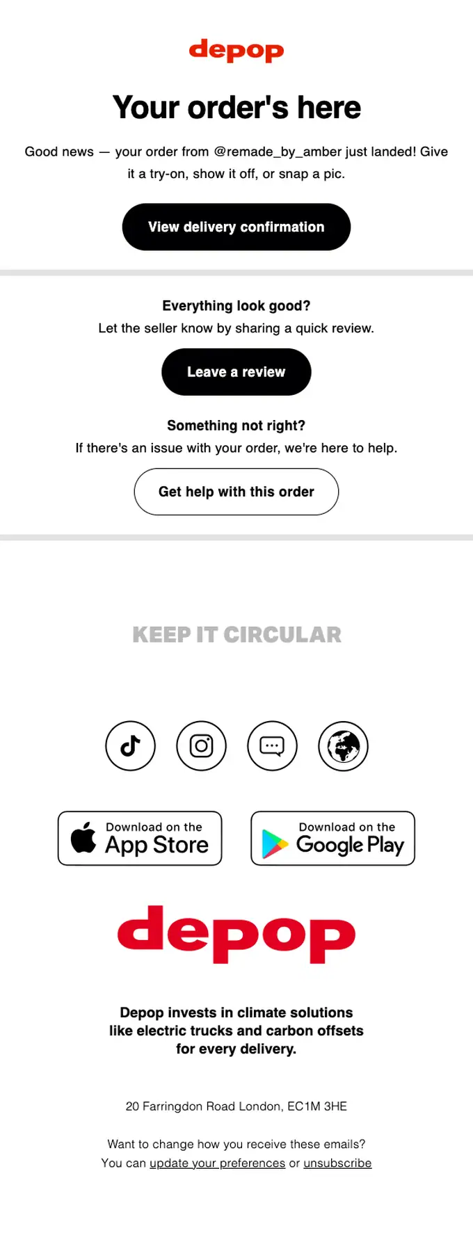 Depop delivery email, full length