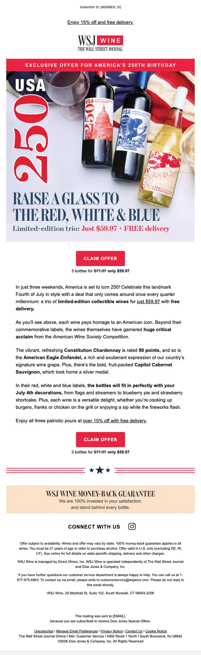 WSJ Wine promotional email, full length