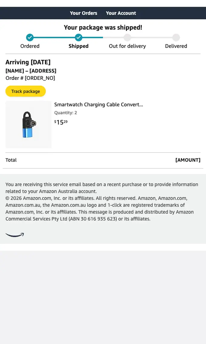 Amazon.com.au shipping email, full length