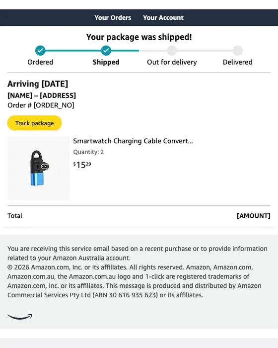 Amazon.com.au shipping email