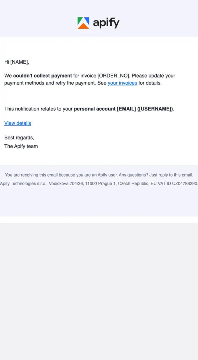Apify invoice email, full length