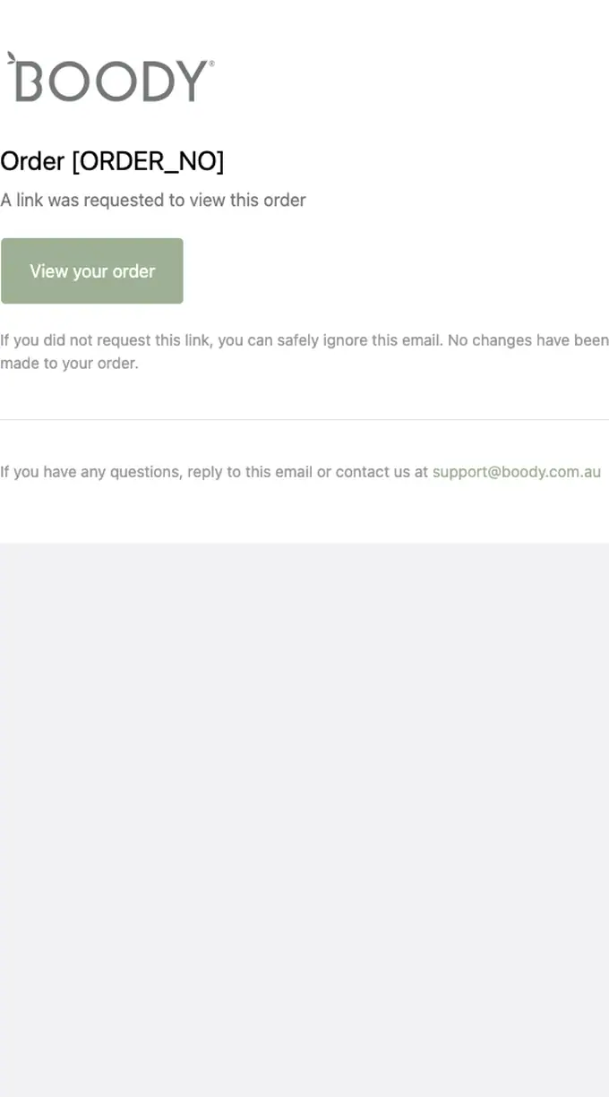 Boody Australia account notice email, full length