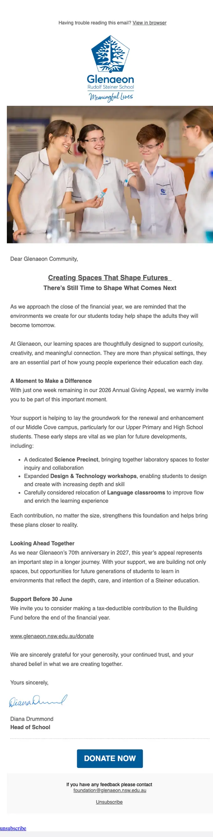 Glenaeon Foundation promotional email, full length
