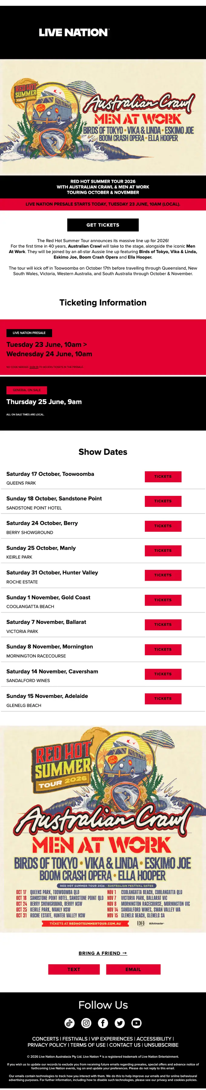 Live Nation Australia promotional email, full length