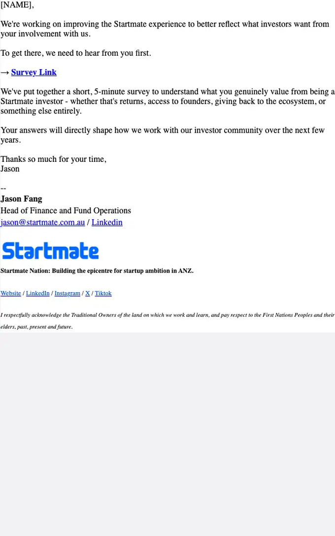 Startmate Funds survey email, full length