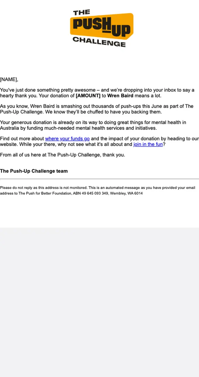 The Push for Better Foundation thank you email, full length