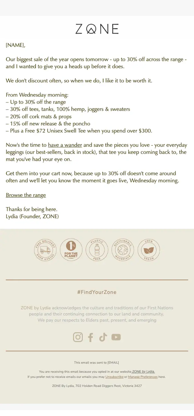 ZONE by Lydia promotional email, full length