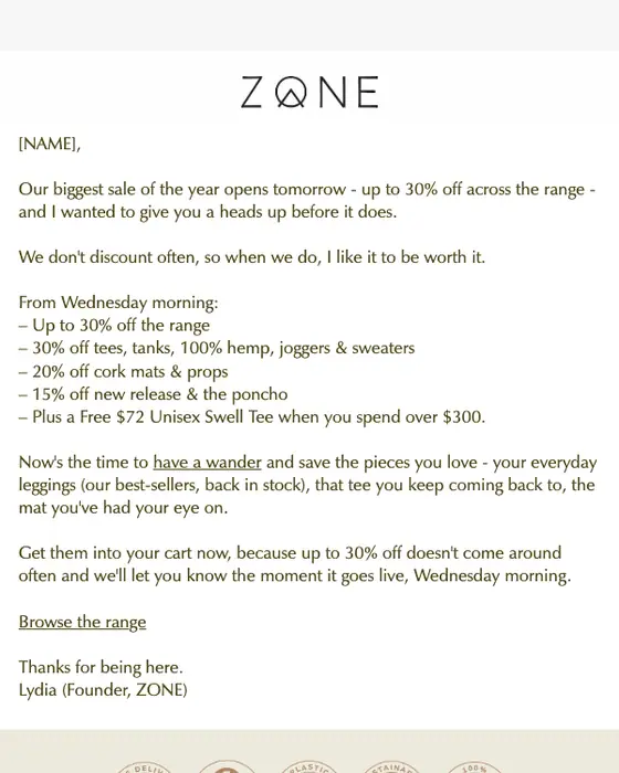 ZONE by Lydia promotional email
