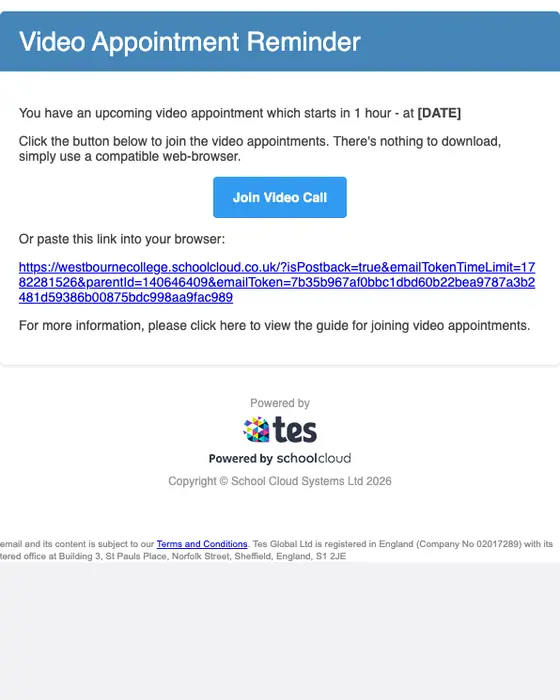 SchoolCloud appointment email