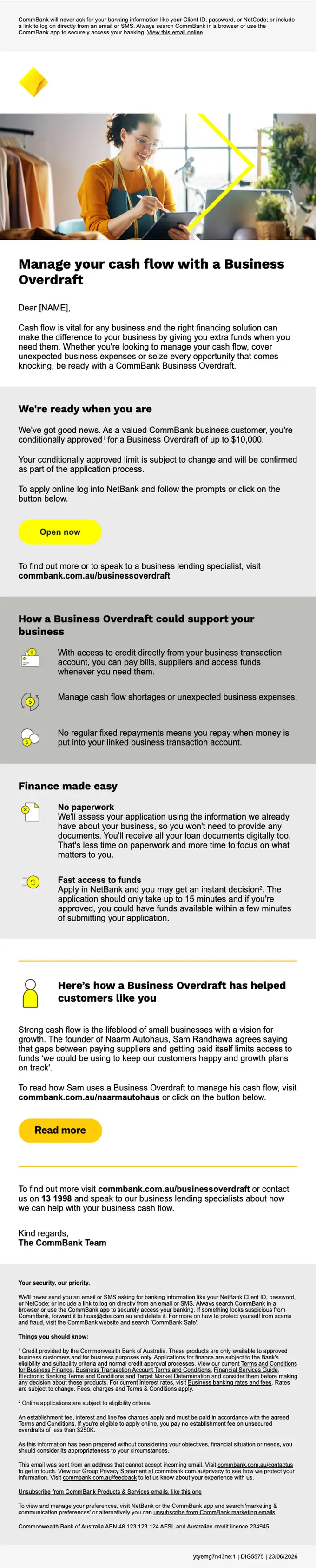 CommBank account notice email, full length
