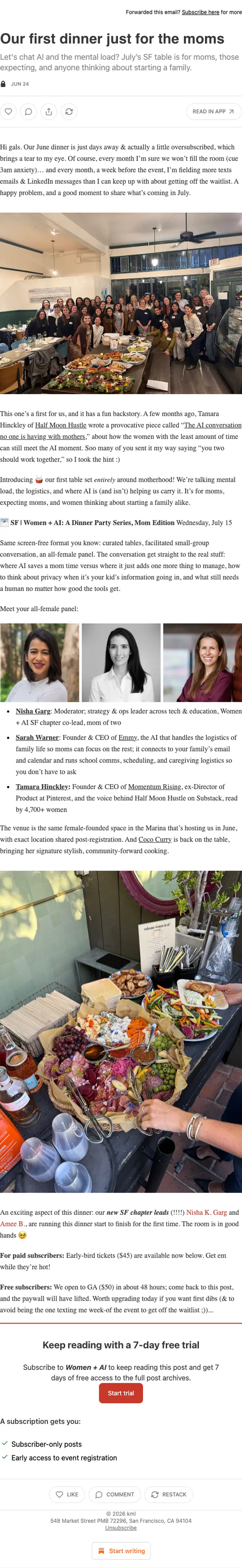 Women + AI event invite email, full length