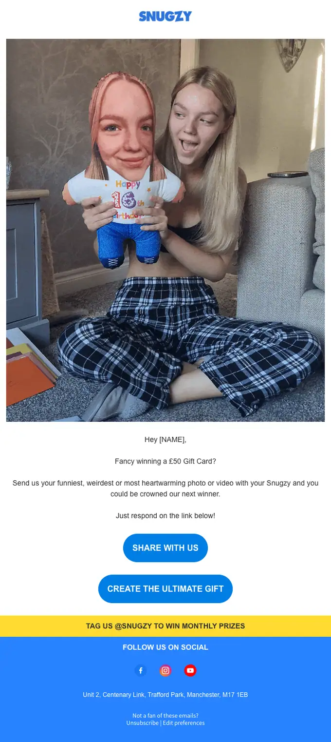 Snugzy promotional email, full length