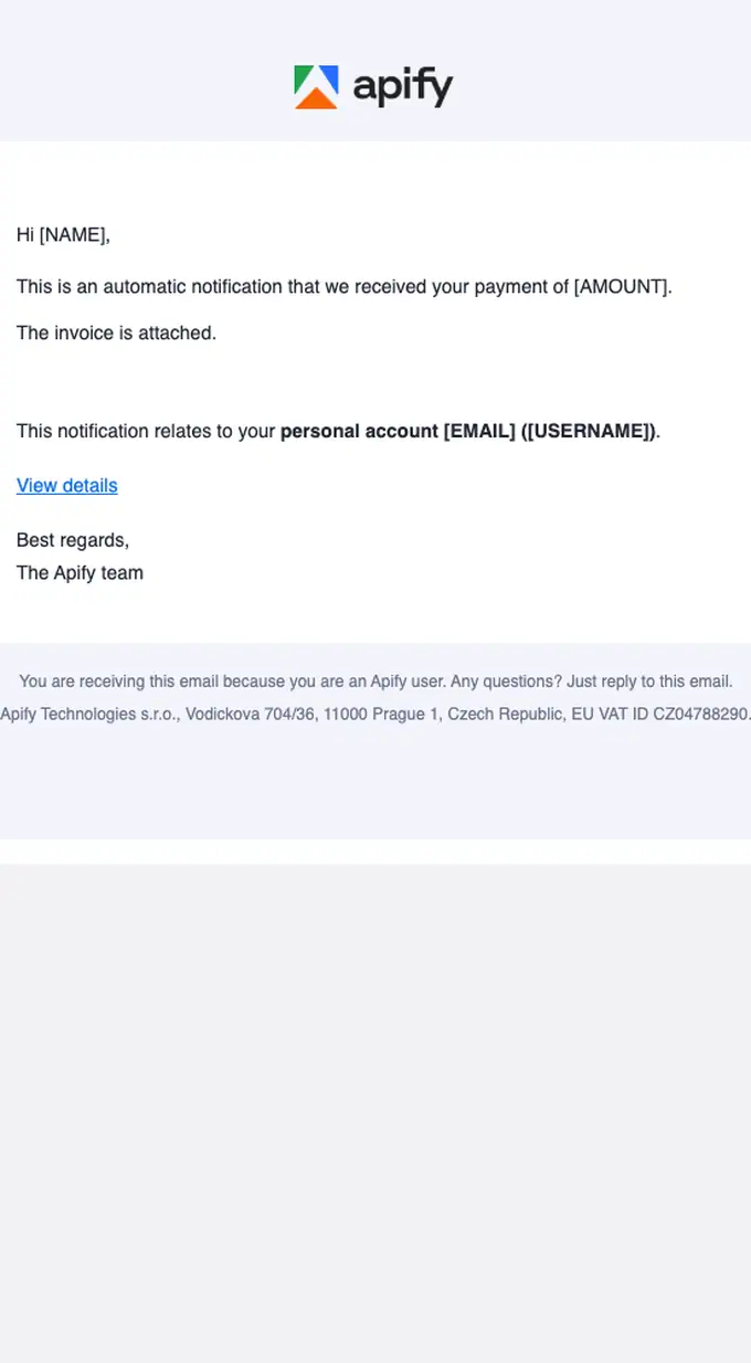 Apify payment confirmation email, full length