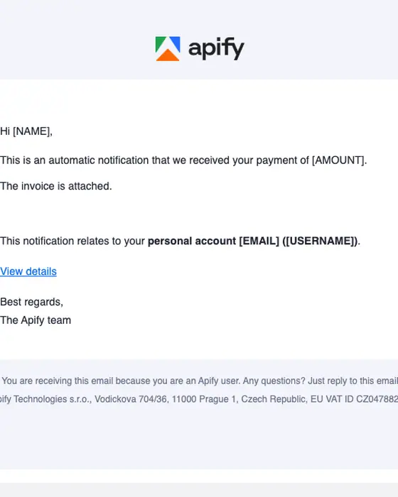Apify payment confirmation email