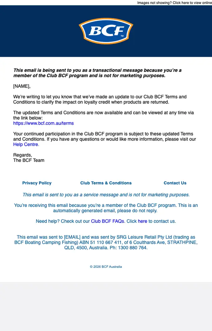BCF account notice email, full length