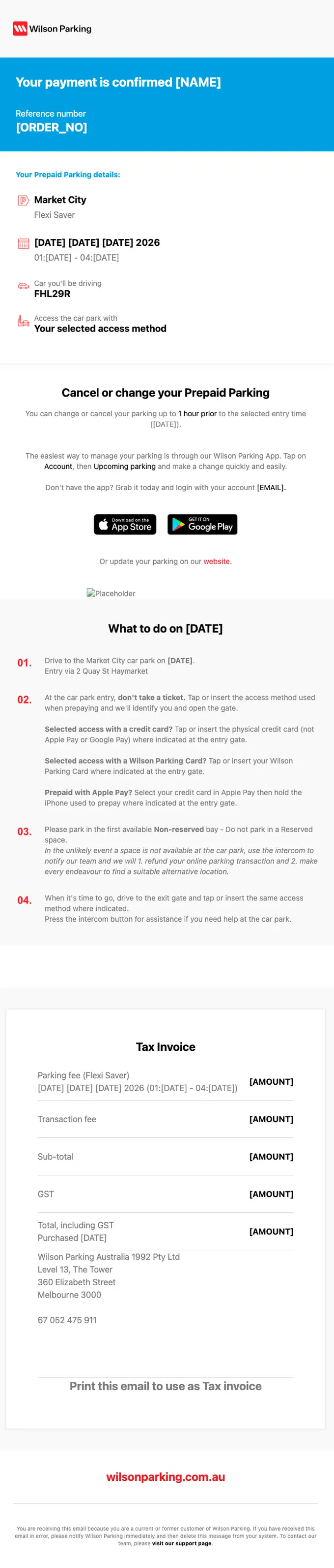 Wilson Parking payment confirmation email, full length