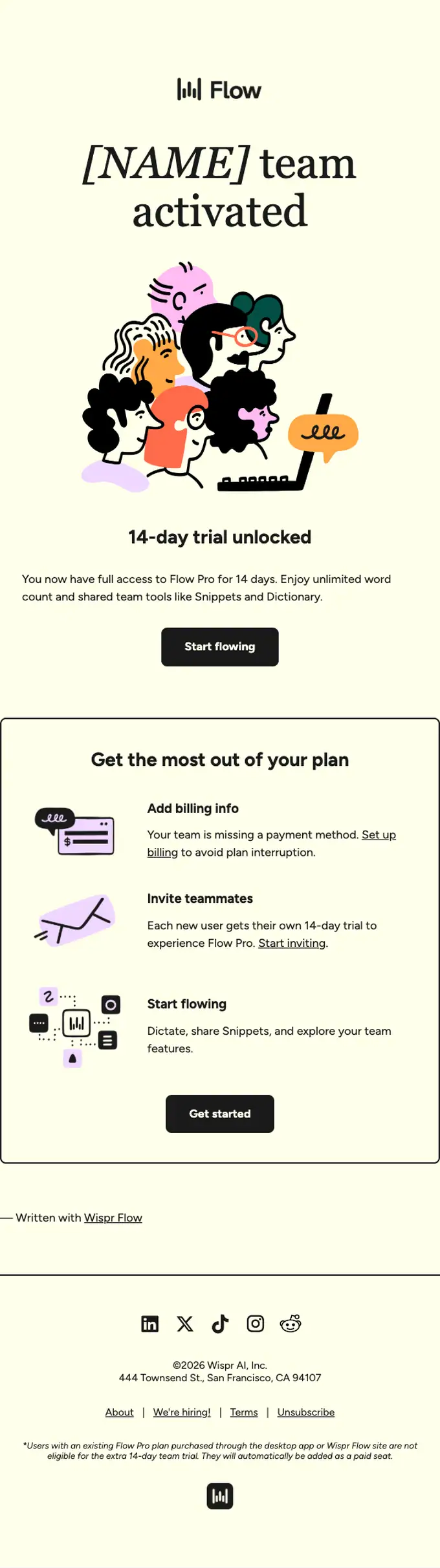 Wispr Flow account notice email, full length