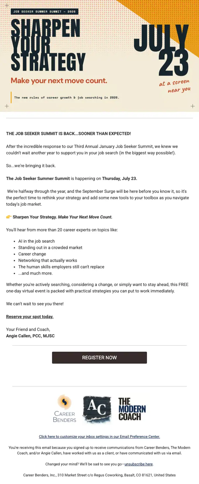 Career Benders event invite email, full length