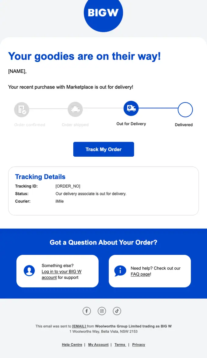 BIG W delivery email, full length