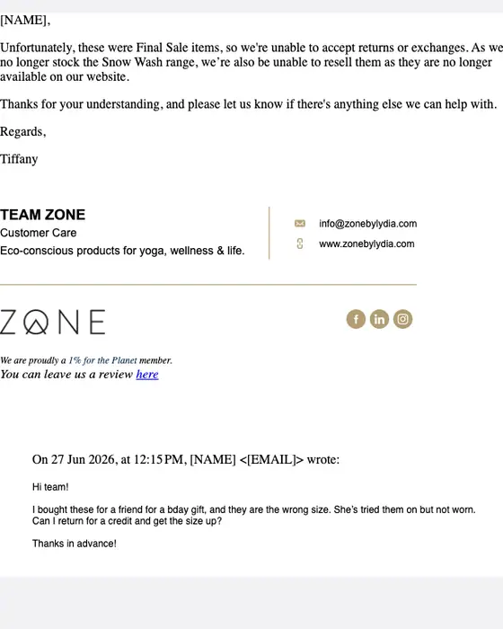 ZONE by Lydia cancellation email