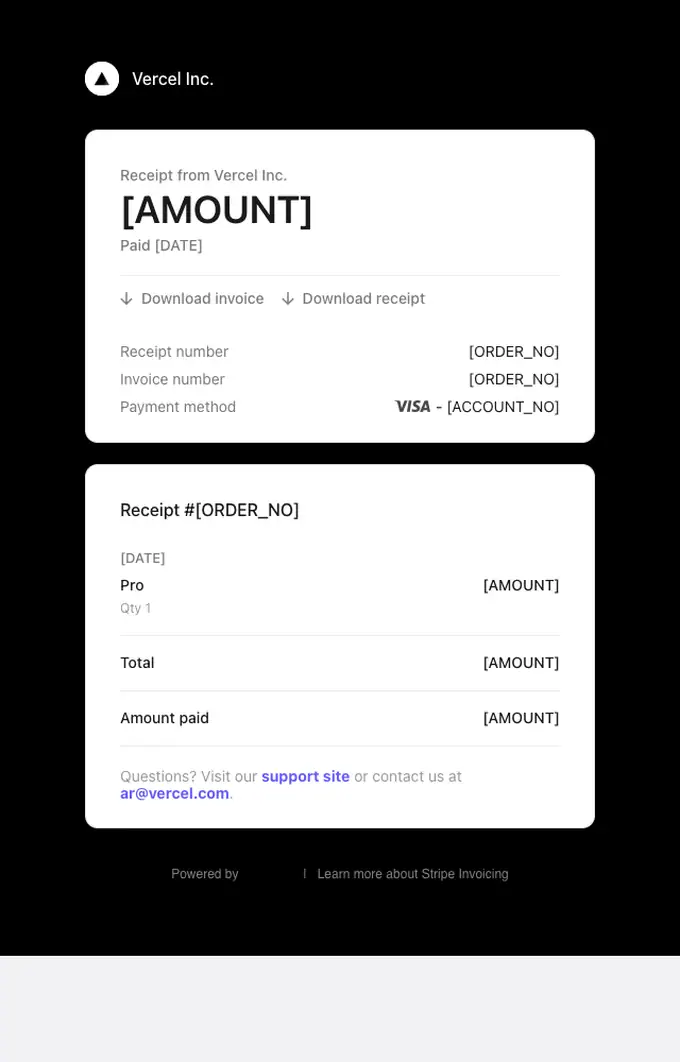 Vercel Inc. receipt email, full length