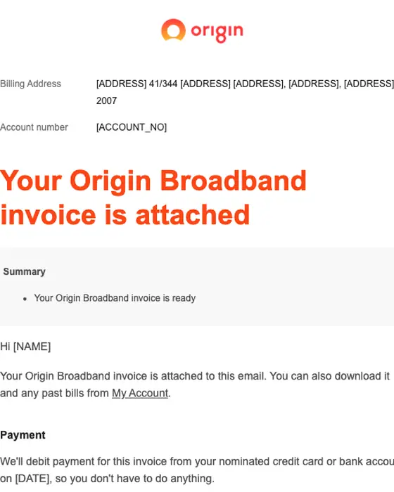 Origin Broadband invoice email