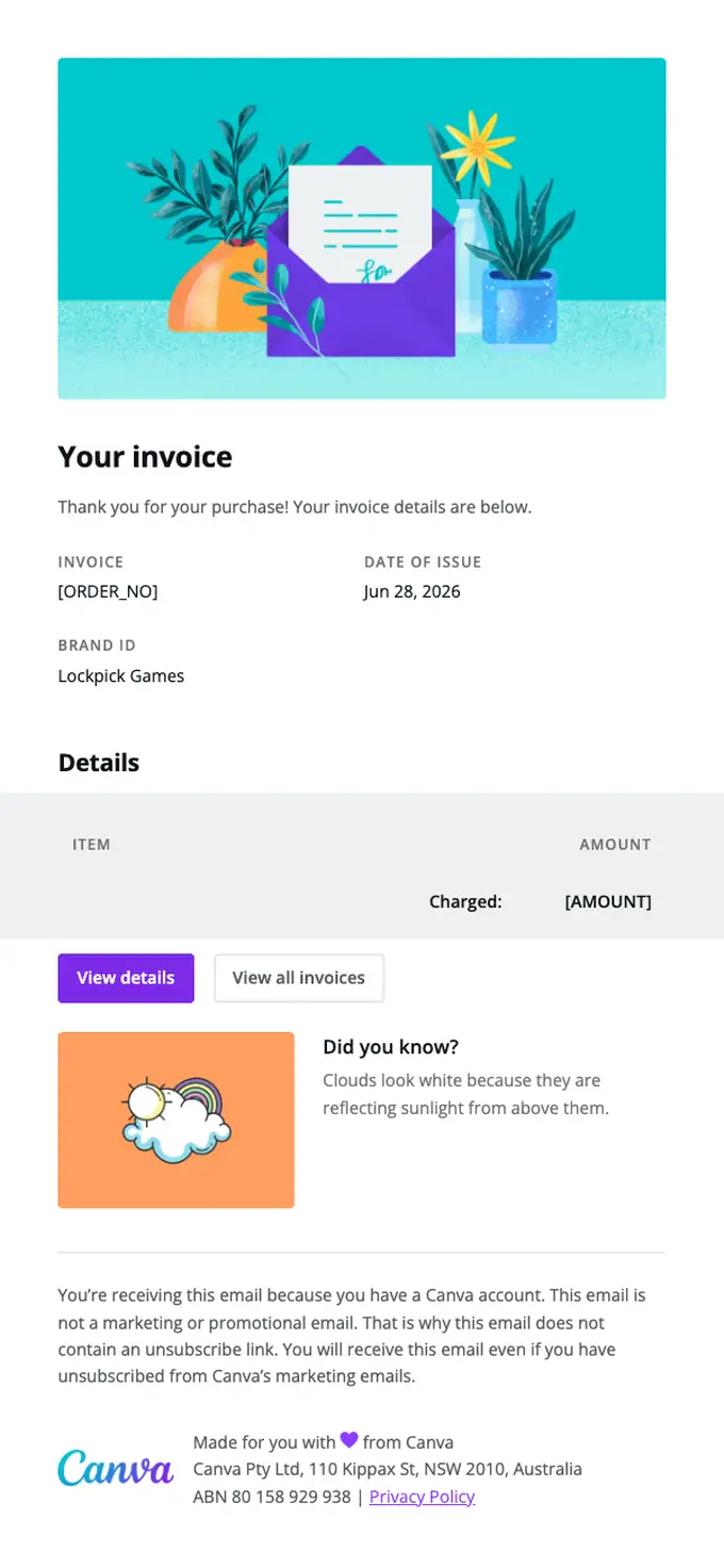 Canva invoice email, full length