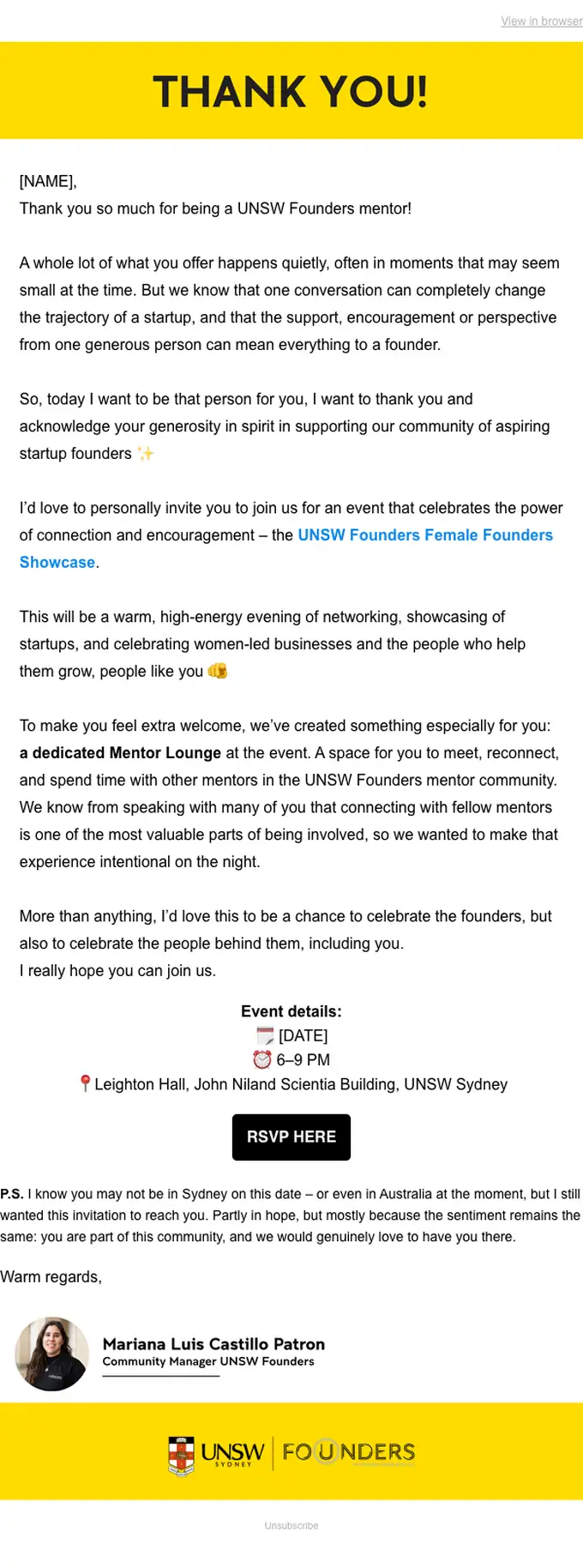 UNSW Founders event invite email, full length