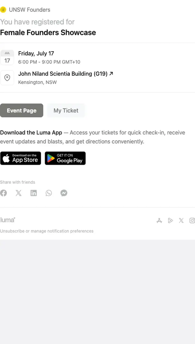 UNSW Founders booking confirmation email, full length