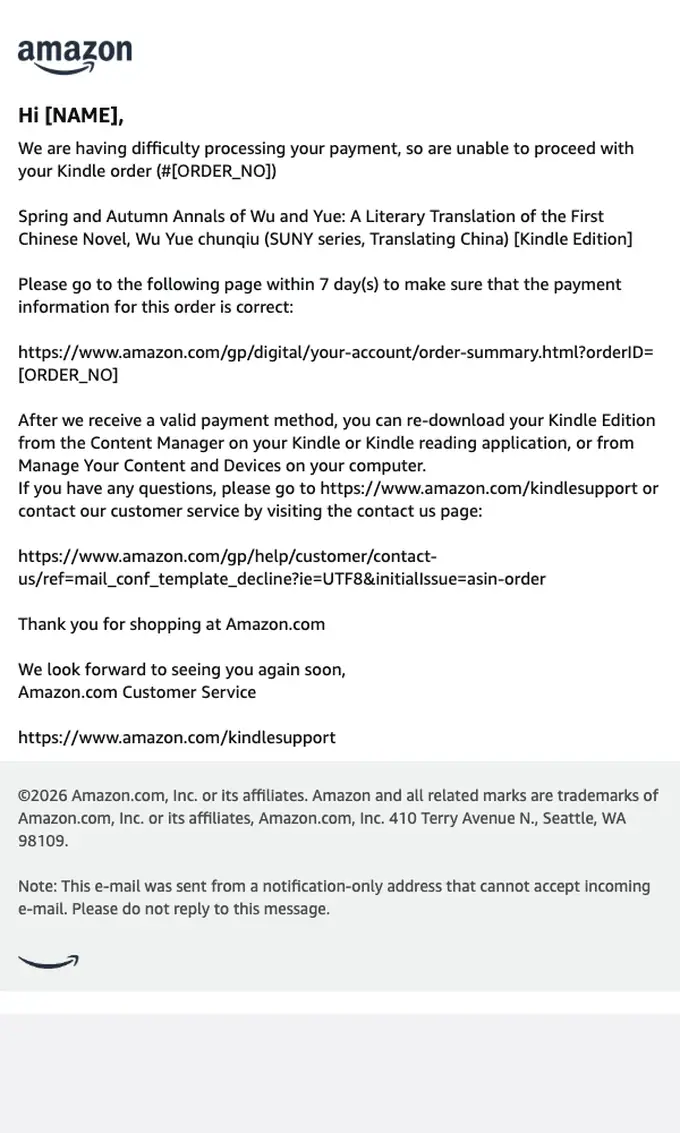 Amazon.com account notice email, full length