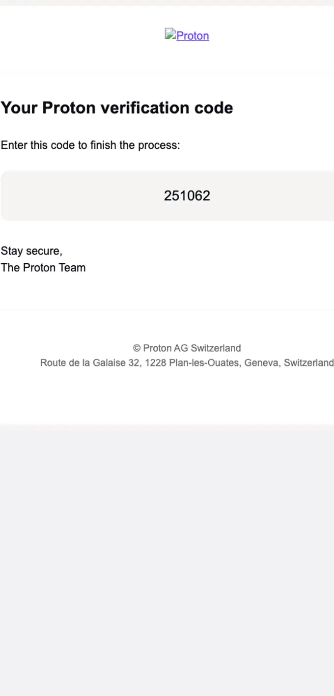 Proton email verification email, full length