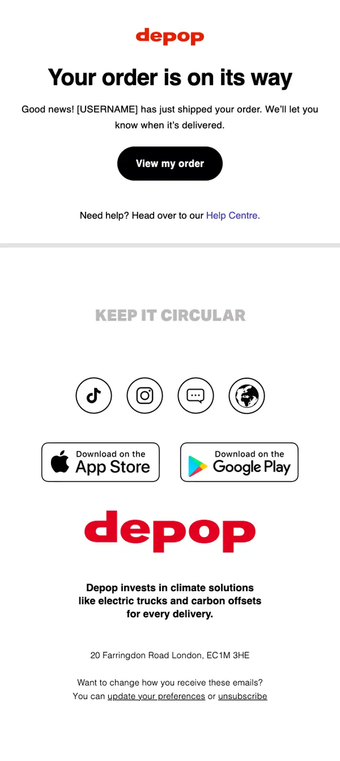 Depop shipping email, full length