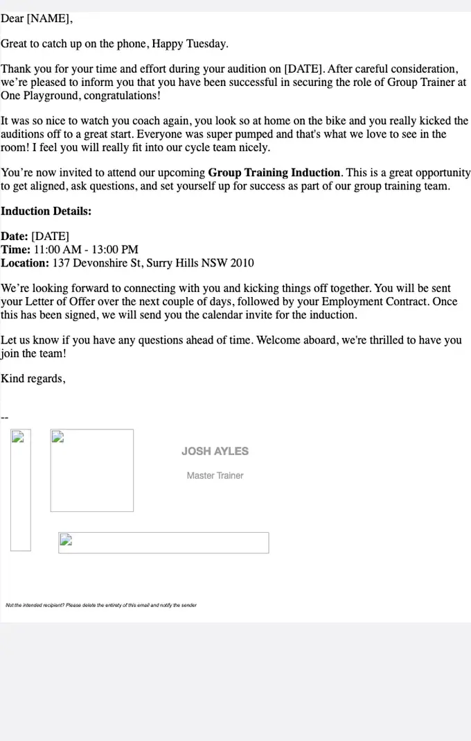 One Playground account notice email, full length