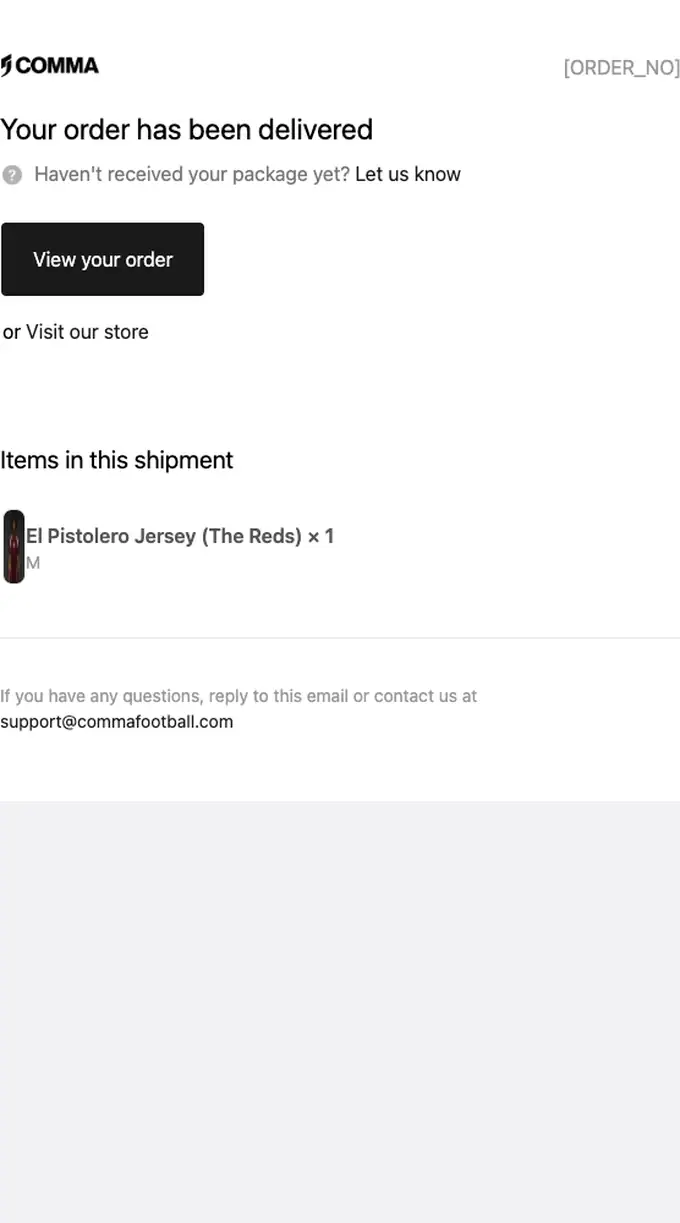 Comma Football delivery email, full length