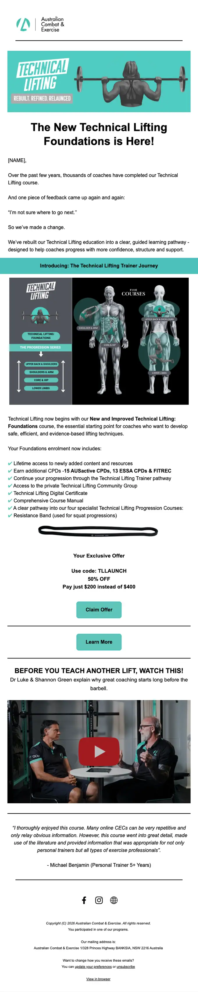 Australian Combat & Exercise product launch email, full length