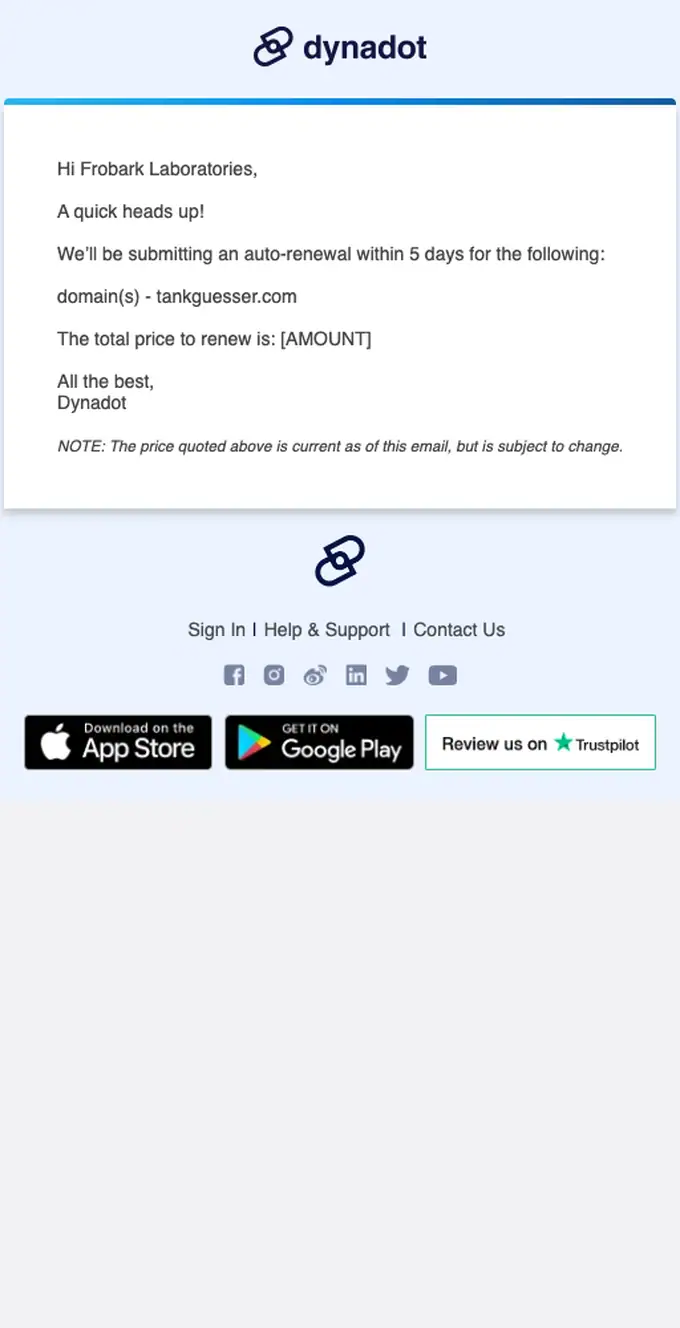 Dynadot expiration notice email, full length