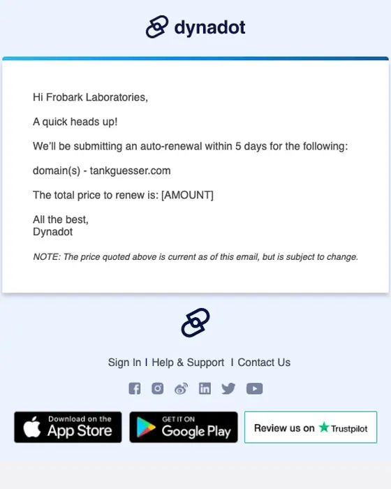 Dynadot expiration notice email