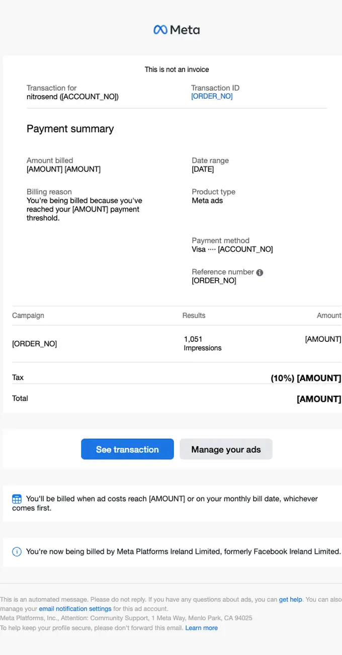 Meta for Business receipt email, full length