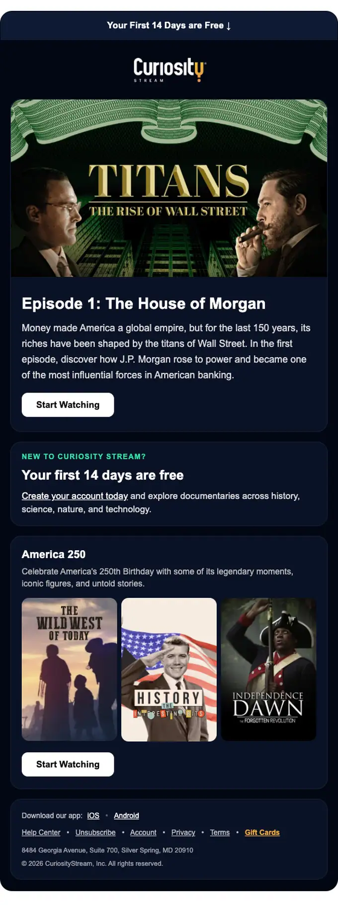 Curiosity Stream welcome email, full length