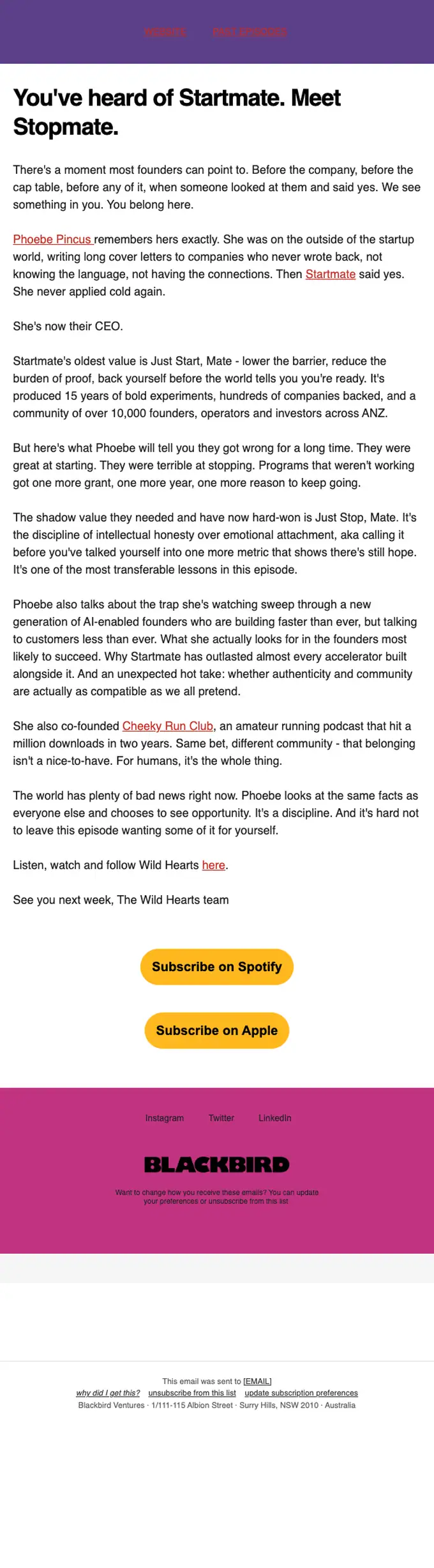 Blackbird newsletter email, full length