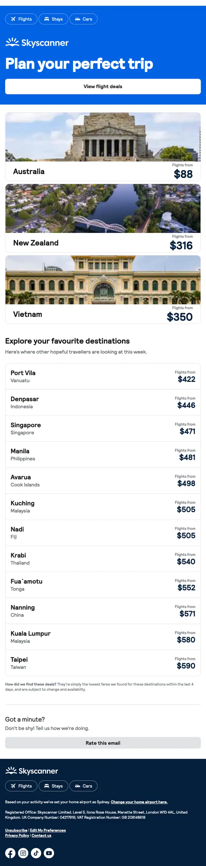 Skyscanner promotional email, full length