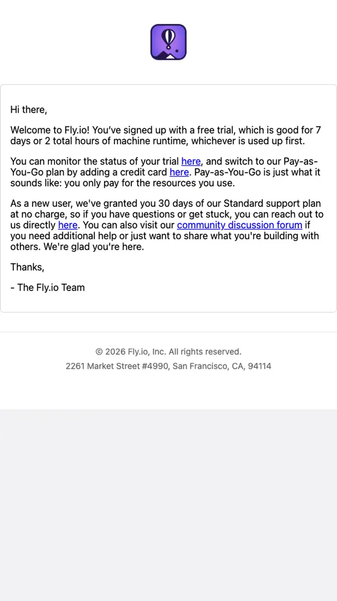 Fly.io welcome email, full length