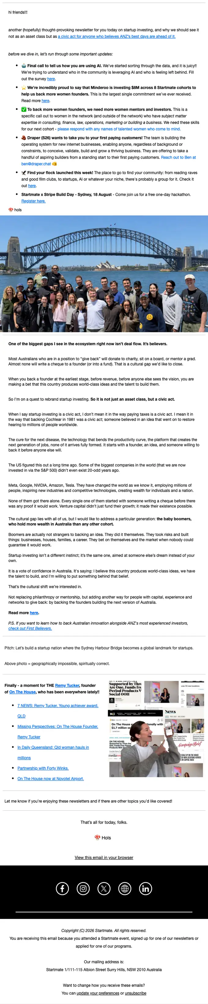 Startmate newsletter email, full length