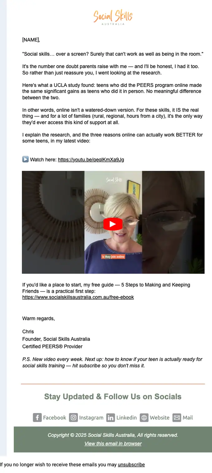 Social Skills Australia newsletter email, full length