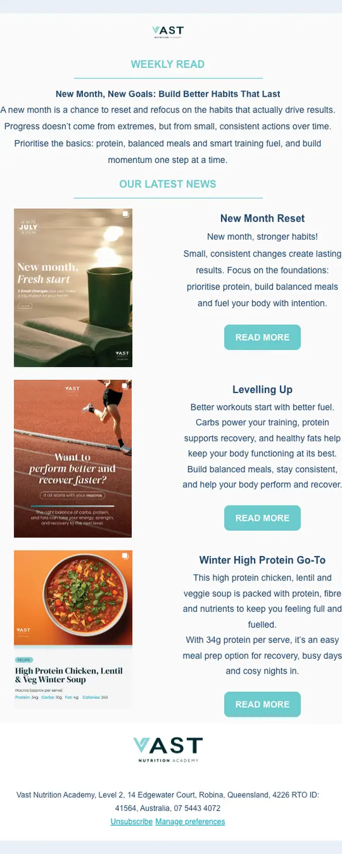 Vast Nutrition Academy newsletter email, full length