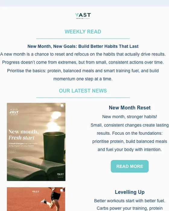 Vast Nutrition Academy newsletter email: Reset your routine this month