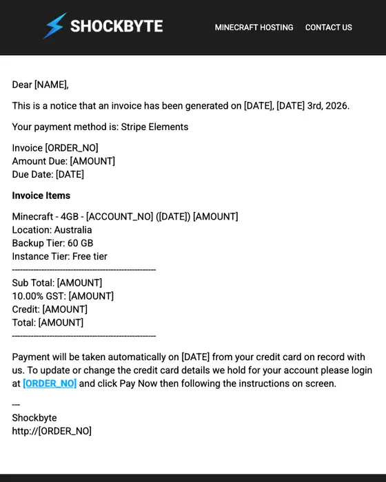 Shockbyte invoice email