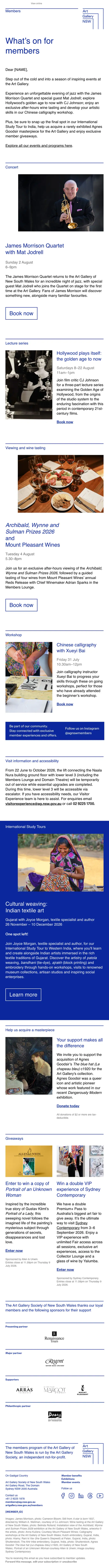 Art Gallery of NSW Members newsletter email, full length