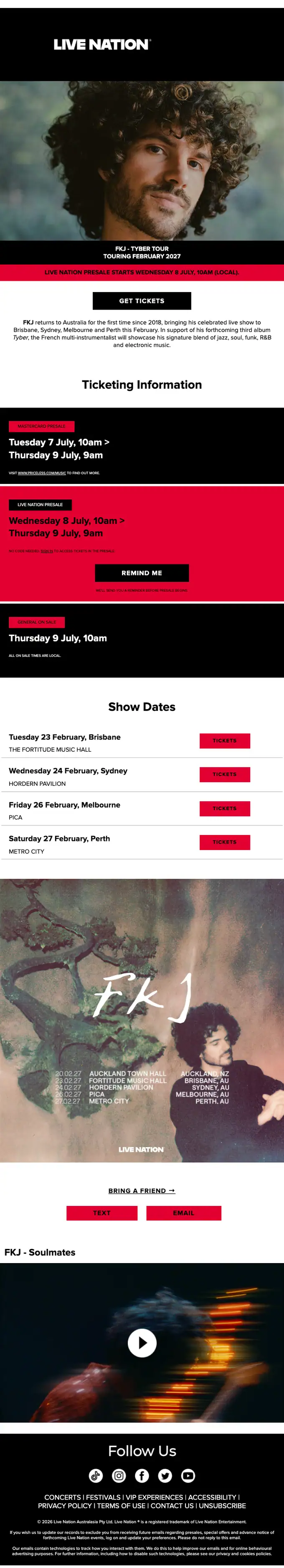 Live Nation Australia promotional email, full length
